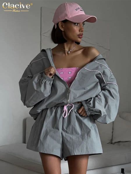 Clacive Fashion Loose Gray 2 Piece Sets Women Outfit Elegant Long Sleeve Shirt With High Waist Shorts Set Female Streetwear 250203