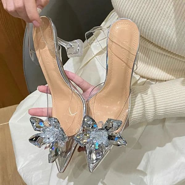 Silver Baotou Sandals Women Summer Beautiful Pointy Wine Glass Celebrity Crystal Flower Transparent High Heels 260208