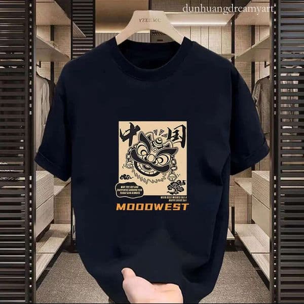 New Chinese Casual Summer T-Shirts Chinese-Style Printed Short Sleeve Tops - Versatile Loose Fit Solid Color Tees