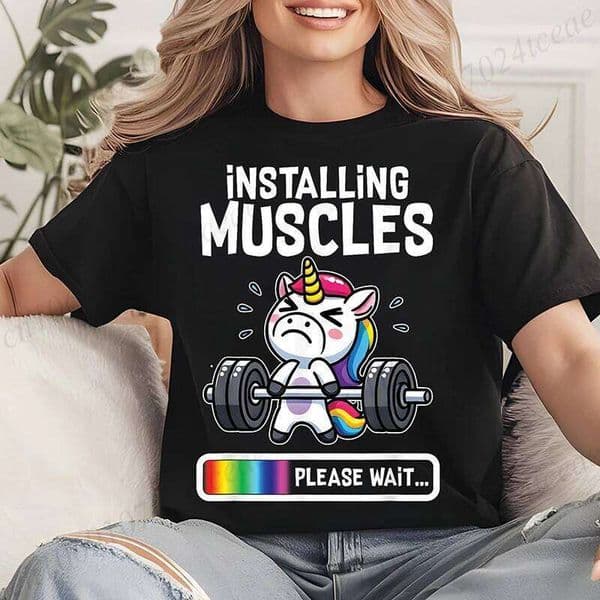 Installing Muscles Women's T-Shirt Clothing Funny Gym Unicorn Graphic T Shirt Fitness Workout Fashion Casual Short Sleeve Tops C260225