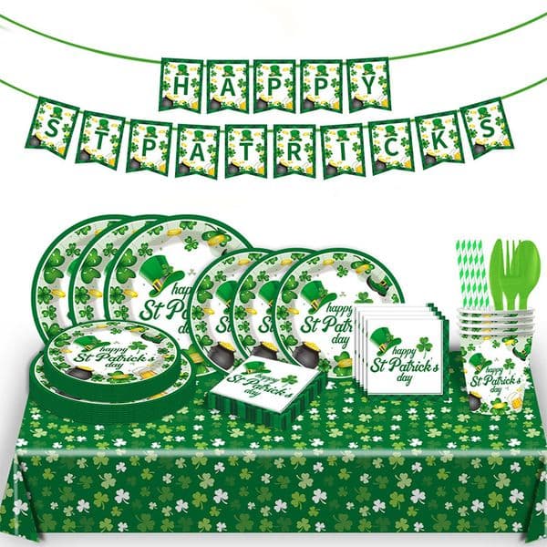 St. Patrick's Day Themed Birthday Party Supplies: Disposable Paper Plates, Paper Cups, Napkins, and Tablecloth Set