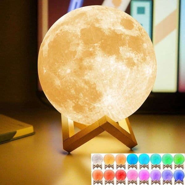 16 Colors 3D Printed Moon Lamp USB Plug LED Night with Wooden Stand Remote Control Adjustable Brightness Table Light H260224