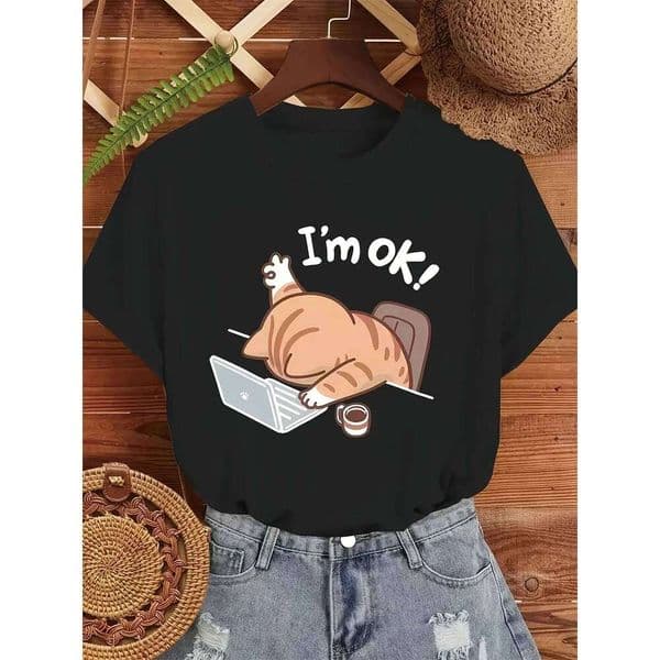 Summer ladies I'm okay, cats lying on laptops, casual and comfortable patterns, loose round neck short sleeved T-shirt top H260225