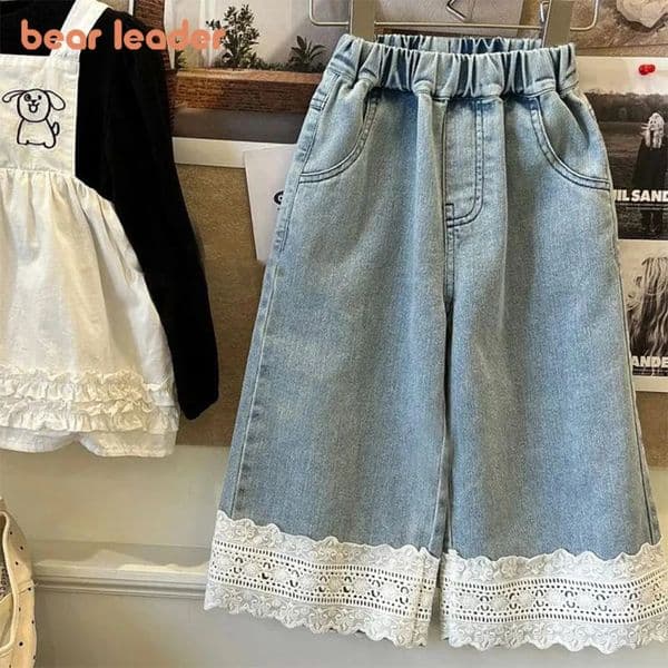 Bear Leader Summer Blue Jeans 2-7-year-old Simple Kids Clothes Girls Korean Edition Fashion Lace Decoration Casual Pants 260203