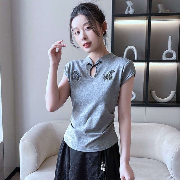 Short Sleeve T-Shirt For Women, Spring And Summer Style, New Chinese Slim Fit Button Knit Top, National Style Ruched Waist Sweet Top