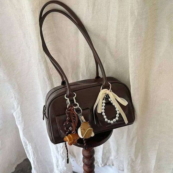 New Large Capacity Brown Bowling Handbag Women's Shoulder Retro Korean INS Style Autumn Winter Fashion Trend Bag Z260225