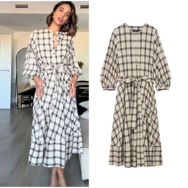 HipSeam Women Check Shirt with Belt Spring Autumn O Neck Button Women's Long Dress Flared Hem Female Chic Midi Dresses XJ260225