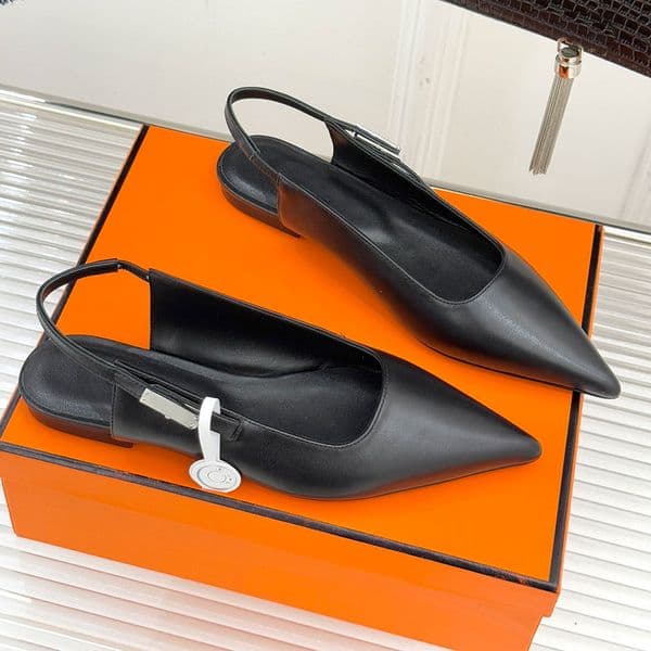 Designer women leather pointed toe exposed heel sandals luxury brand Lady flat shoes palladium plated shoe buckle black calf leather upper top quality