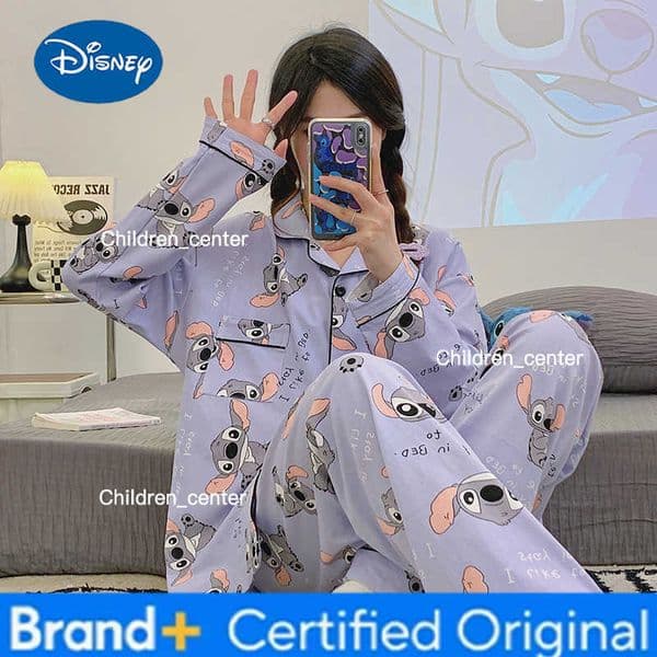 Versatile Casual Cartoon Stitch Sleepwear Womens Spring and Autumn Long Sleeved Two-piece Set Pijama Pajama Sets Pyjamas Sleep H260225