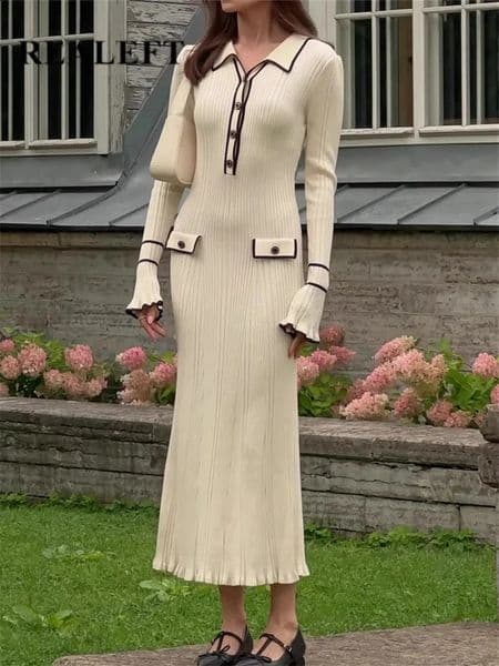 REALEFT Autumn Winter Elegant Knitted Long Ruffles Dressres 2025 High Waist Buttons Turndown Collar Sweater Dresses Female 260209