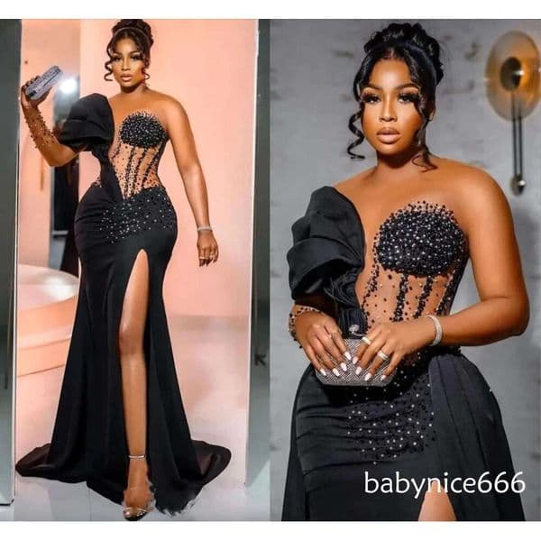 Arabic Aso Ebi Black Mermaid Prom Dresses Overskirts Satin Sheer Neck Lace Beaded Formal Ocn Evening Gowns Sexy Side Slit Ruched Second Reception Dress BC18650 thumbnail 2