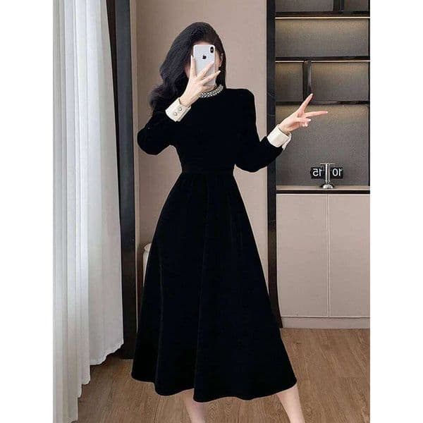 High Quality Fall Winter French Hepburn Velvet Evening Midi Fashion Women Collar Black A Line Office Party Dress XJ260225