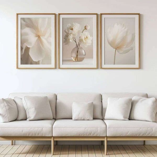 Set of 3 Simple White Peony Neutral Modern Art Prints, Beige Plant Canvas Poster, Photo Flower Gallery Bedroom, Living Dining Room, 26H0225