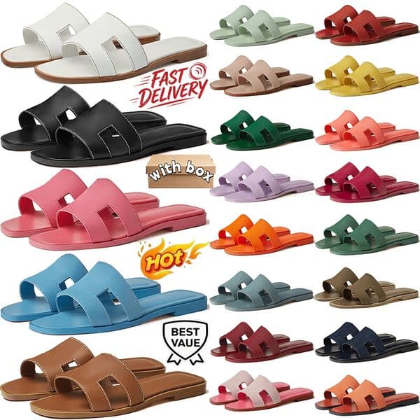 With box designer sandals flat slides Versatile genuine leather flip flop Beach flat soled sandals for women for travel White black pink blue Leather material