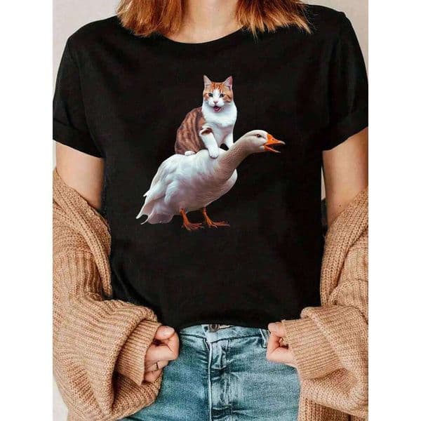 Cat Riding Duck Print T Shirt Halloween Casual Wear Women 220g C260226