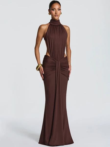 Mozision Turtleneck Backless Sexy Maxi Dress Women Gown Elegant Offshoulder Sleeveless Ruched Bodycon Club Party Long 260208