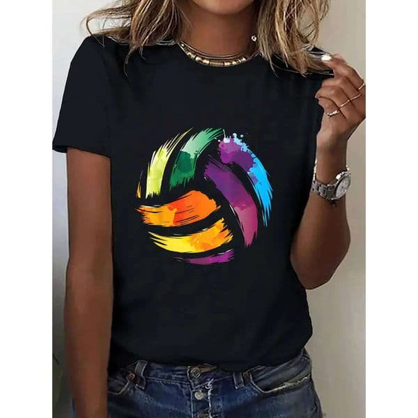 Women'S Sporty T-Shirt - Vibrant Colorful Volleyball Print Harajuku Short Sleeve Casual Clothing Street Aesthetic Clothes C260226