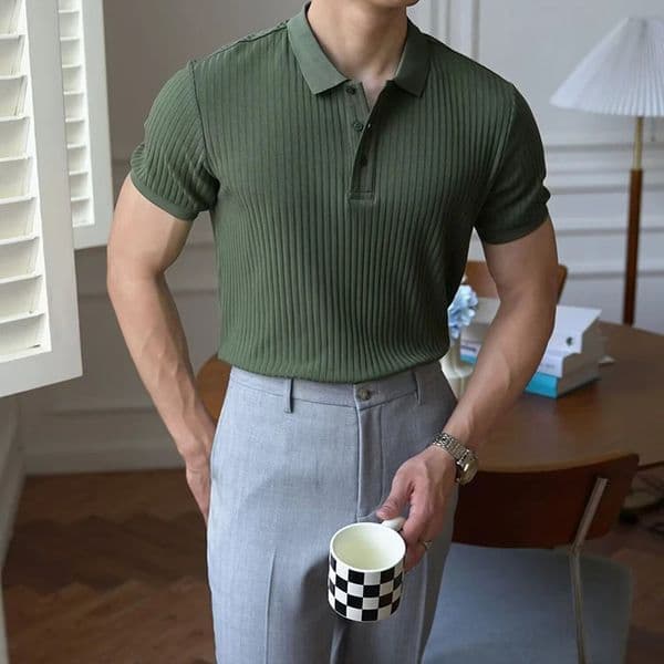 Vertical Stripe Knit Polo Mens Shirts Summer Slim Solid Color Breathable TurnDown Collar Business Short Sleeve Tops 260128