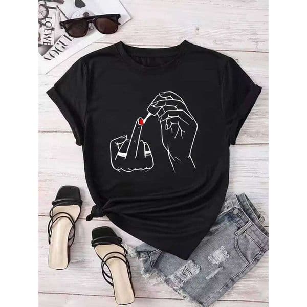 Women Middle Finger Nail Polish Prints T Shirt Summer Comfortable Soft Short Sleeve O-Neck Tops Casual Female Clothes graphic C260226