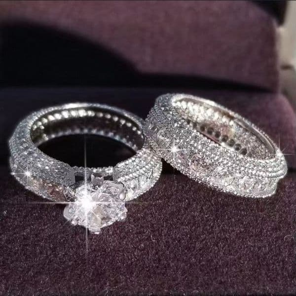 Couple Bridal Wedding Ring Set Sparkling Cubic Zirconia Diamond Bands Non Tarnish Matching Engagement Promise Rings for Lovers