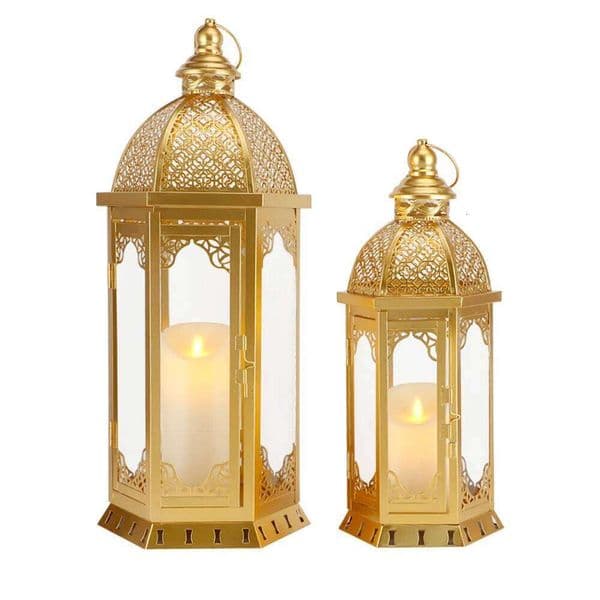 Set of 2 Decorative Lanterns 22"&17" H Vintage Metal Candle HolderrGold W260226