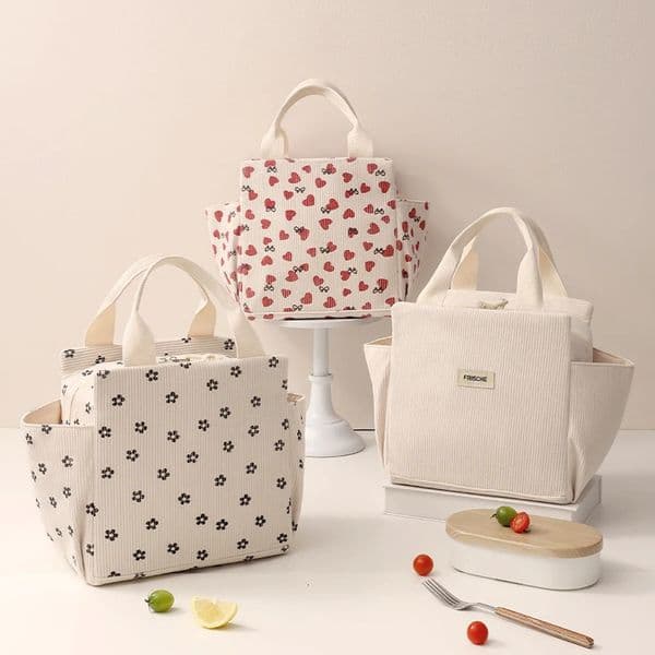 Corduroy Lunch Bag Thermal Insulation Lunch Box Storage Handbag Multifunctional Kid School Cooler Bag Picnic FoodPouch 260205