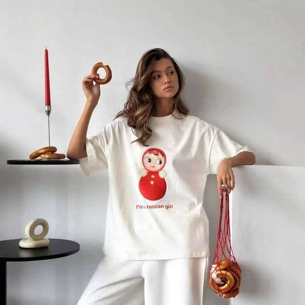 Retro Russian Nesting Doll Print Ladies Casual Fashion Y2k Personality Round Neck Short Sleeved T Shirt Street Style H260225