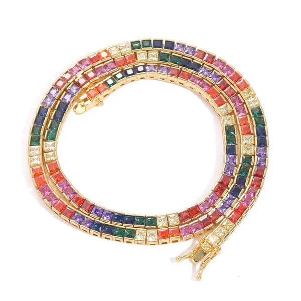 necklace, 4*4mm colorful square zircon tennis chain, copper inlaid men's hip-hop jewelry