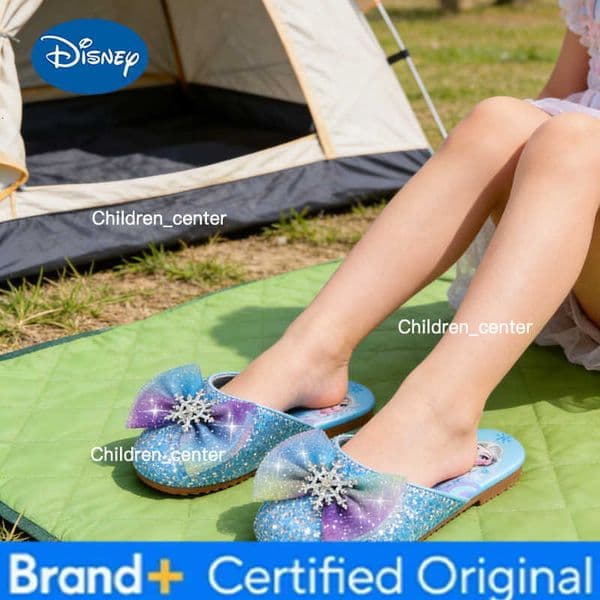 Disney Girls Sandals Slippers Frozen Princess Elsa Sequin Bow Rhinestone Shoes Childrens Summer Slippers Pink Blue Shoes H260226