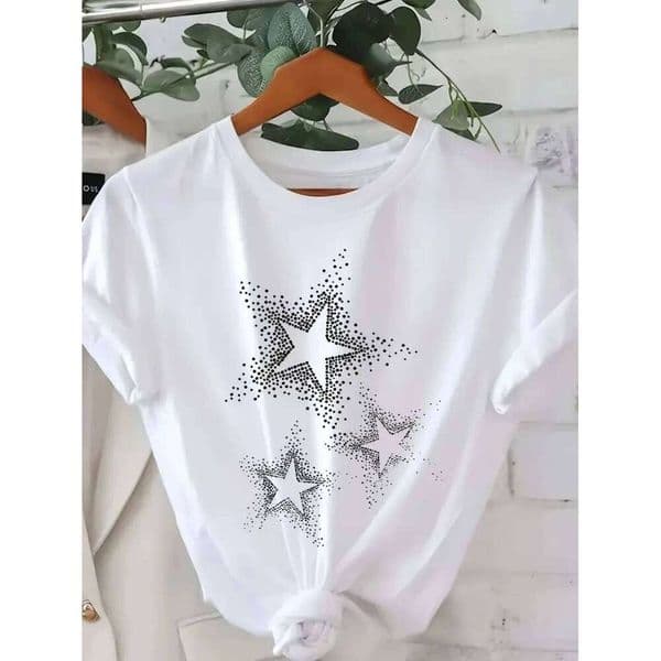 Women's Casual Short Sleeve T-Shirt - Black with White Star Print Round Neck Top for Spring & Summer Machine Washable C260226