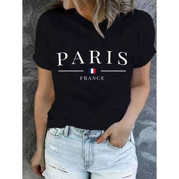 PARIS Women O Fashion Print T-shirt Y2K Short Sleeve Crew Neck Casual Top For Summer & Spring, Female Clothing H260226