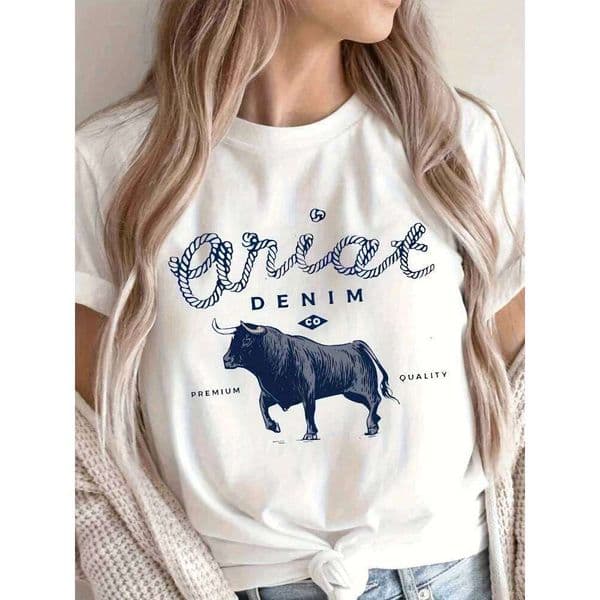 Bull & Letter Print Crew Neck T-Shirt Casual Short Sleeve Graphic Top Vintage Fashion Women's Clothing Harajuku H260226