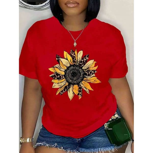 Sunflower Graphic Tee Fashion Forward Plus Size Top With Unique Floral Leopard Print For Chic Summer Vibes C260226