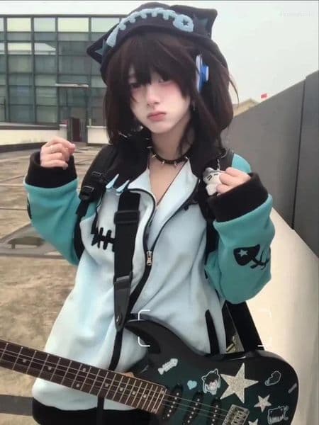 Women's Hoodies Japanese Sle Hooded Thiened Fce Sweatirt Blue Bone Pattern Stand Collar Jaet Cute And Bright Outerwear