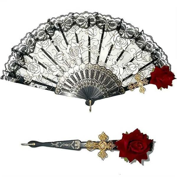 1pc/2pcs Vintage Spanish Flamenco Rose Lace Handheld Fan Elegant Black Folding Fan for Parties And WeddingsXJ260226