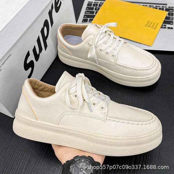 Men's Thick-Soled Sneakers Breathable Odor-Resistant Sports Trendy Versatile Soft Leather Casual Slip-On White Shoes