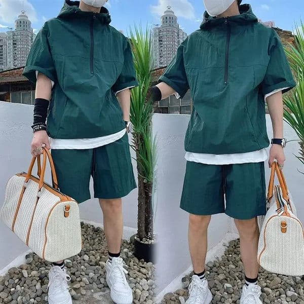 Summer Cargo Style Set Mens Casual Hooded Solid Short Sleeve T-shirt Shorts Loose Fashion High Quality Handsome Sweatshirt Suit 260209