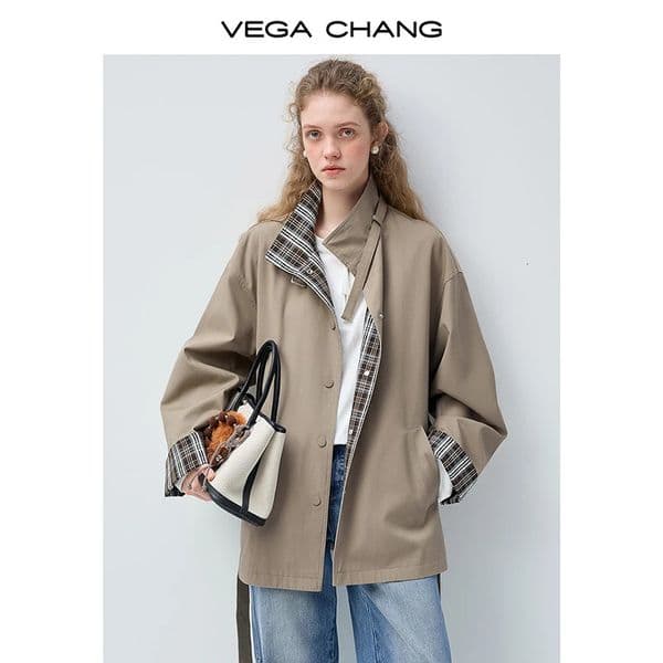 Vega Chang Spring and Autumn Womens Plaid ColorBlocking Loose British Style Short Trench Coat 260129BANJIA