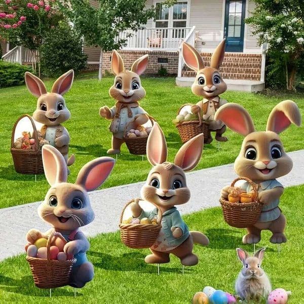 6 Piece Vintage Bunny Decoration Set Stakes, Adorable Spring Garden and Lawn Decor Featuring Rabbits with Easter Egg 26Y0226