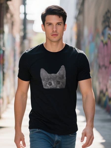Mens Pocket Cat T Shirt Funny Printed Peeking Pet Kitten Animal Tee for Guys