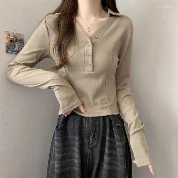 Women's Polos 2026 Autumn Slimming Polo Collar Fishbone Long Sleeve T-Shirt Waist Cinching Stylish Top