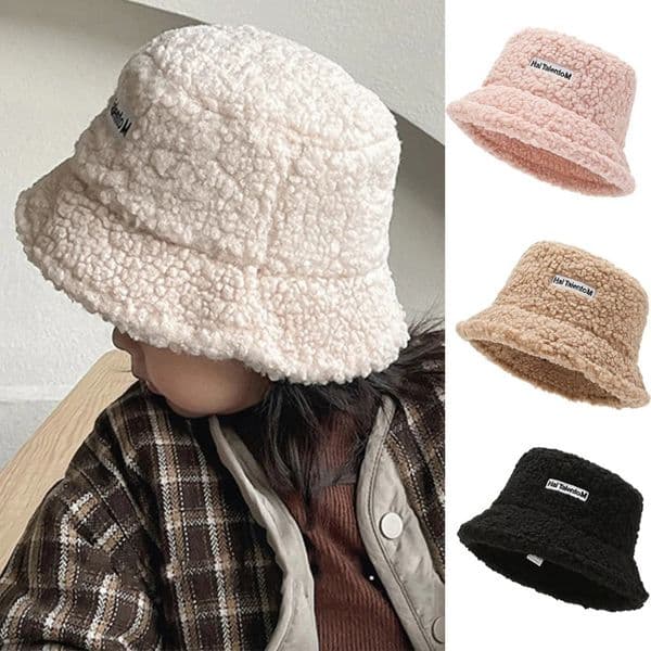 Kid Winter Warm Bucket Hat Solid Color Letter Lamb Wool Girls Boys Basin Cap Outdoor Children Casual Flat Top Fisherman Hat 260124
