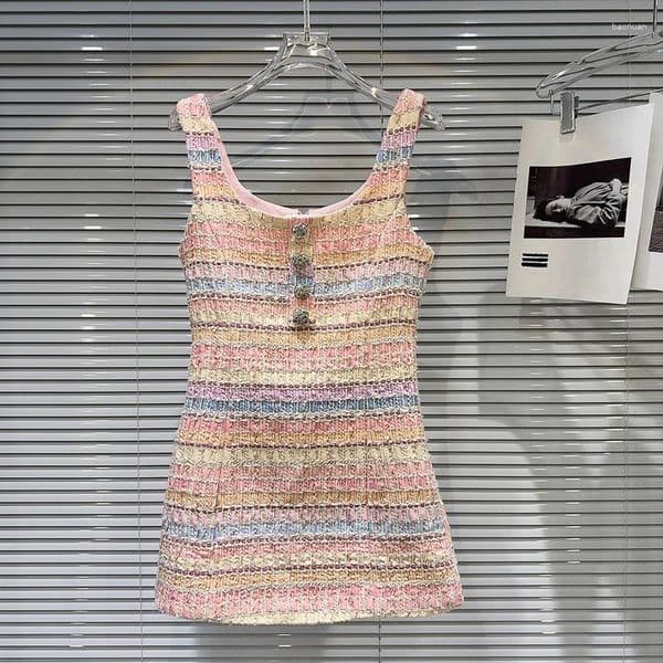 Casual Dresses Female Elegant Contrast Color Sleeveless Dress Summer Fashion Diamond Flower Buckle Woven Tweed Slimming