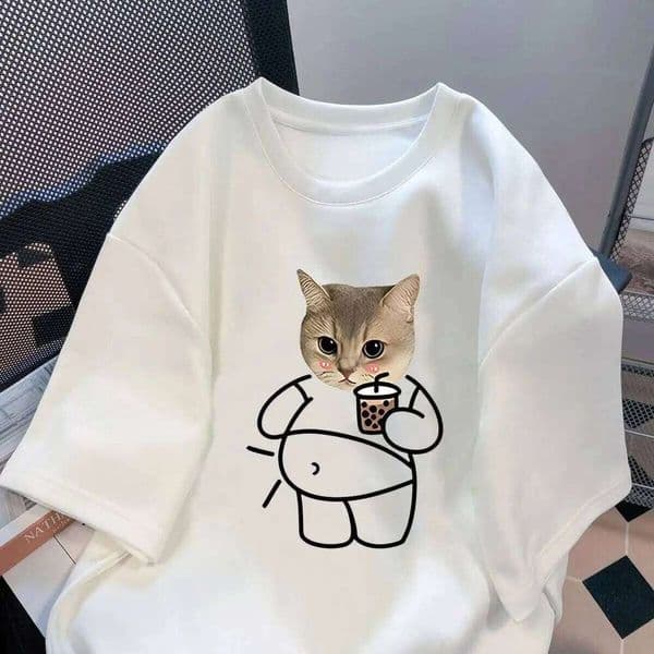 2025 New r Cute Kitten Print Short-sleeved T-shirt Couple Clothes Ins Korean Version Versatile Trendy Top for Women C260226