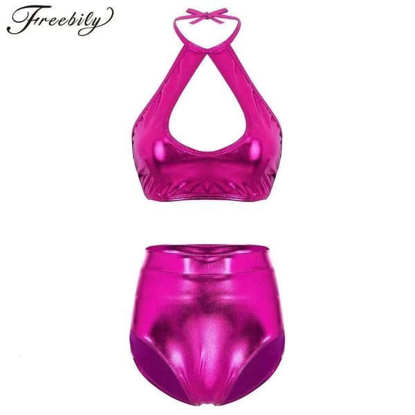 Women Metallics Shiny Bikini Set Sleeveless Halter Neck Crop Top with Shorts for Beach Pool Nightclub Party Music Festival Raves H260225