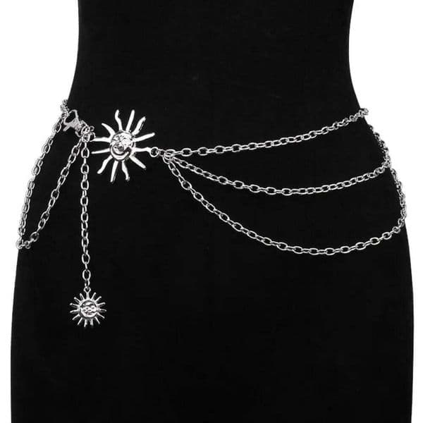 Sun Moon Star Metal Punk Hip Hop Style All-match For Women Dress Vintage High Waist Chain Belt Y260225