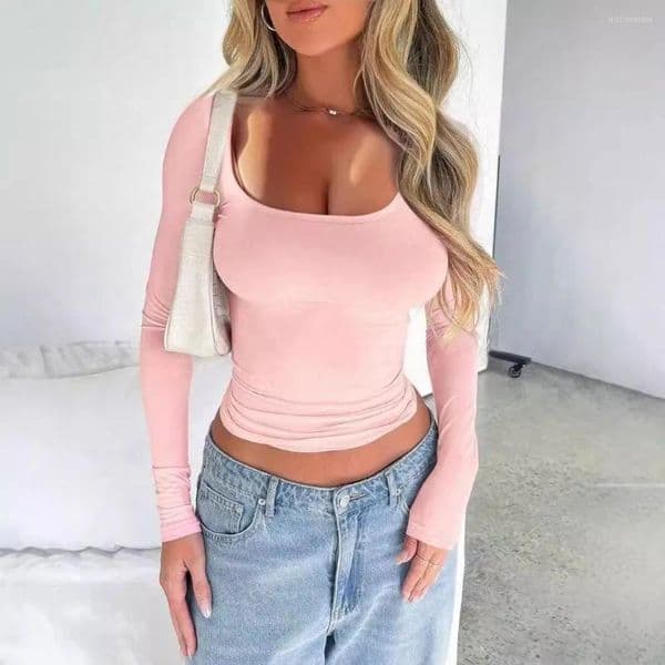 Women's T Shirts Casual Slim Fit Solid Color Pullover U-neck Long Sleeved Top For Women Clothing