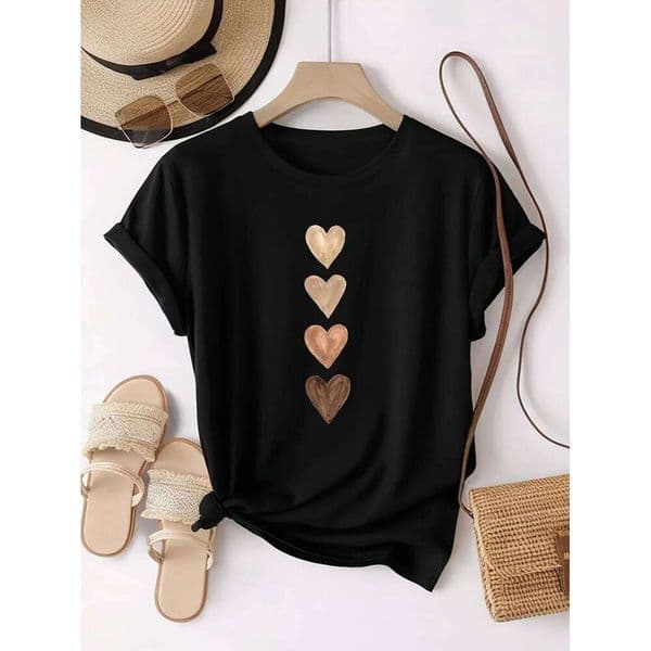 Women's Casual Short Sleeve with Four Heart Graphic Print - Black & Golden Medium Stretch Round Neck Novelty T-Shirt H260226