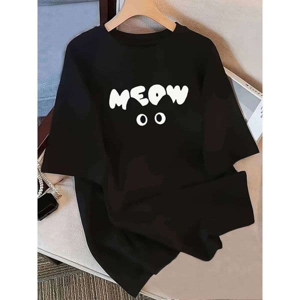 Women's Plus Size T-Shirt with "MEOW" Graphic Fit Short Sleeve Round Neck All-Season Top for Casual Wear C260226