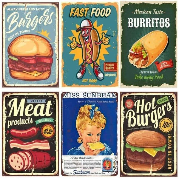 Vintage Cuisine Burgers, Hot Dogs, Pizza, Grilled Meat Metal Tin Sign Plaque Decoration Home Man Cave Bar Cafe Club Wall Decor 26L0226